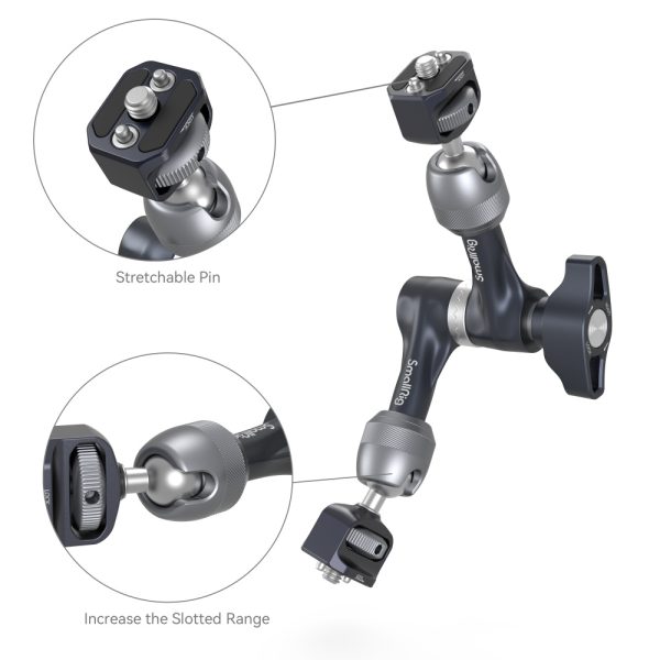SmallRig 4194 Rosette Arm (7") is pictured with adjustable joints. Interior photos highlight its stretchy pin mechanism and extended groove area for improved versatile positioning; features are clearly marked.
