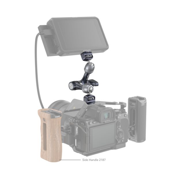 Camera stand with wooden side handle (side handle 2187) on the left and external monitor mounted on top with SmallRig 4194 Rosette Arm (7"), plus several other accessories.