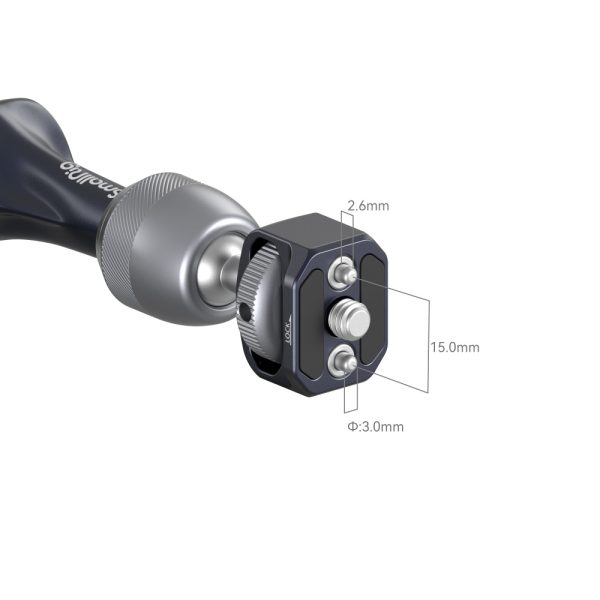 Close-up of SmallRig 4194 Rosette Arm (7") - metal tool with black adjustable clamp, bolts and knob; dimensions annotated: 2.6 mm width, 15.0 mm height and 3.0 mm diameter.