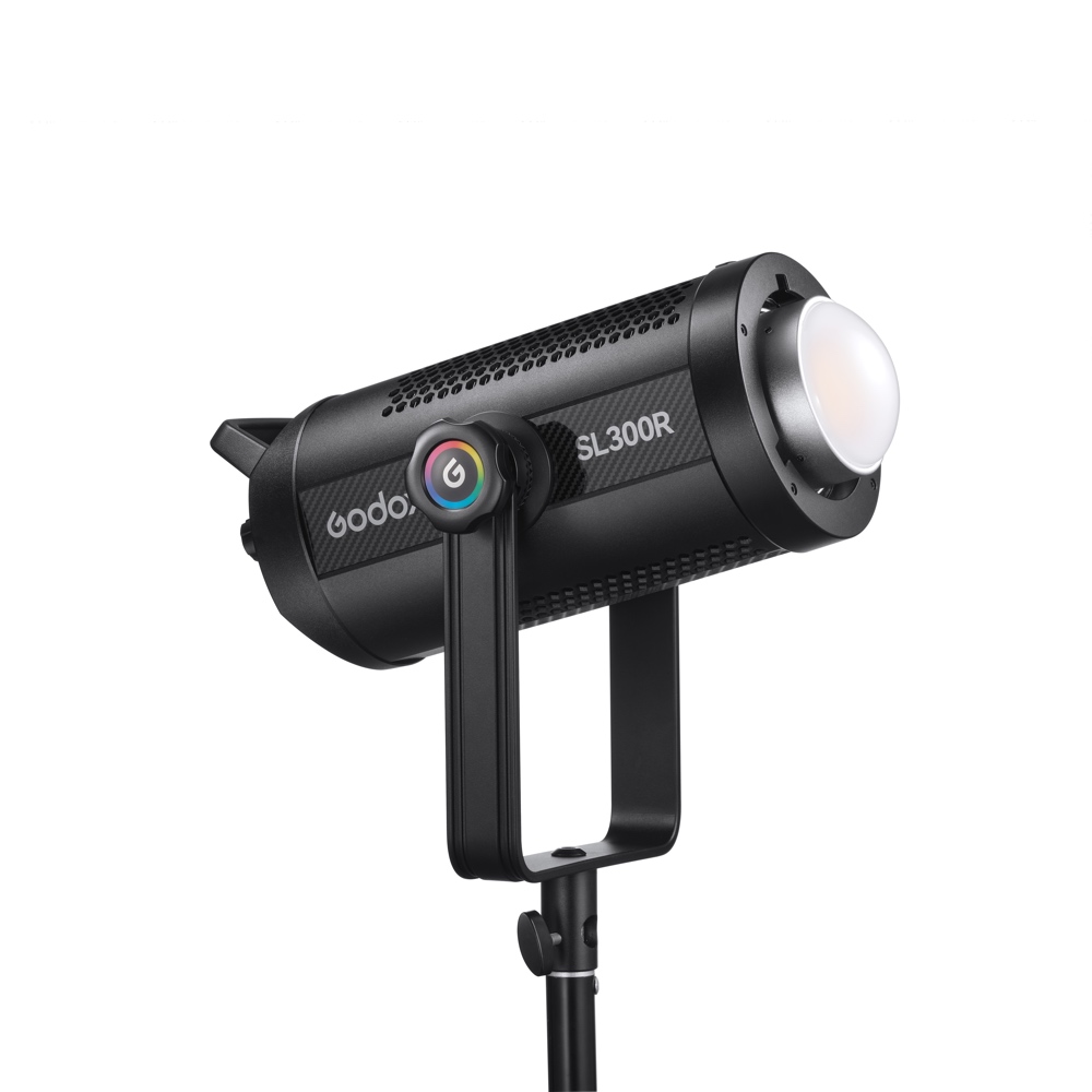 The black Godox SL300R RGB LED Video Light is mounted on a tripod and displayed diagonally against a white background.