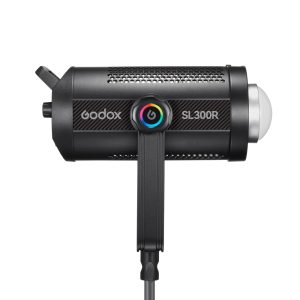 The Godox SL300R RGB LED video light features a black LED light on the side, a colourful power button, a mounting bracket and a silver-coloured dome-shaped front cover.