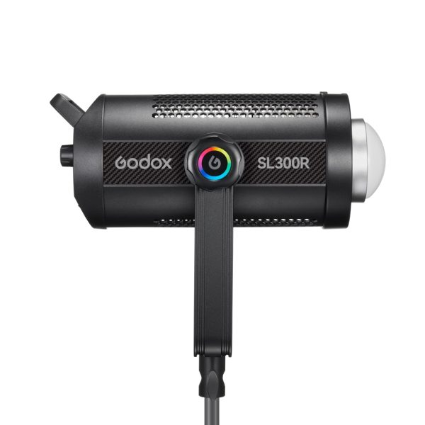 The Godox SL300R RGB LED video light features a black LED light on the side, a colourful power button, a mounting bracket and a silver-coloured dome-shaped front cover.