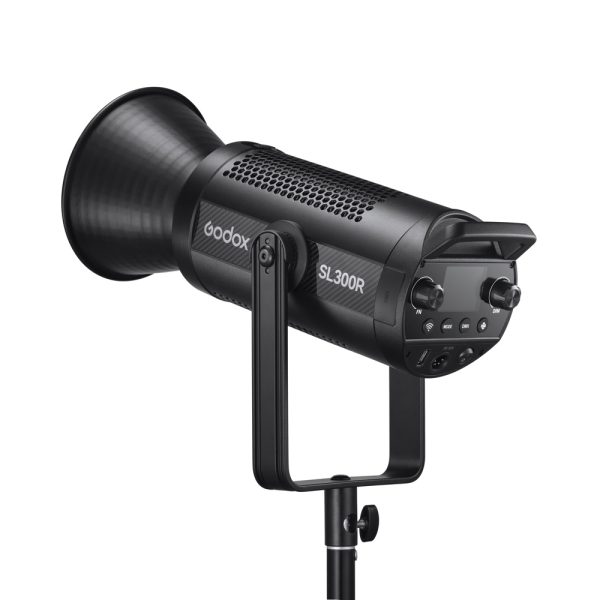 The black Godox SL300R RGB LED Video Light is mounted on a tripod and features a control panel, control knob and large cylindrical reflector.