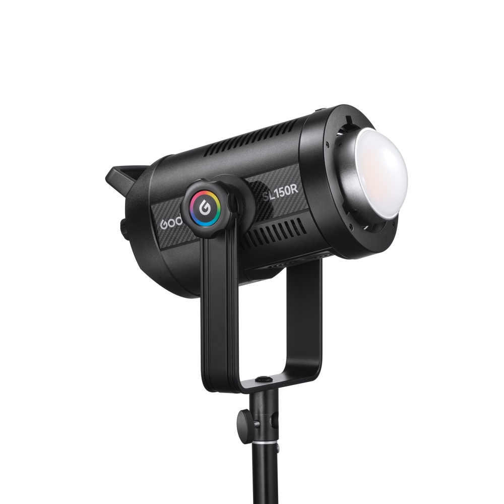 Godox SL150R RGB LED Video Light - LED light in black with cylindrical body, frosted white front diffuser and power button with colour ring, mounted on a stand.