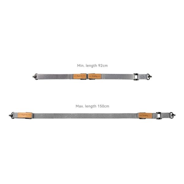 The SmallRig 4118B Weight Reducing Shoulder Strap for DJI RS 3/RS 3 Pro/RS 2/RSC 2 is presented with two adjustable grey straps, both with brown leather tags, black buckles and a length range from 92 cm to 150 cm.