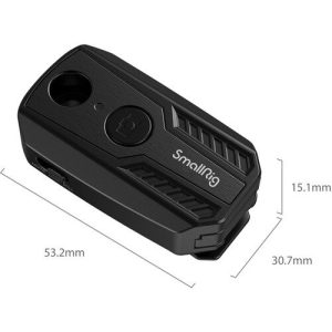 The SmallRig 3902 wireless remote control for selected Sony, Canon and Nikon cameras is black with a round button and textured details, and measures 53.2 mm (L) x 30.7 mm (W) x 15.1 mm (D).