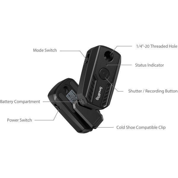 Labeled diagram of the SmallRig 3902 wireless remote control with mode switch, 1/4-20 threaded hole, status indicator, shutter/record button, battery compartment, power switch and cold shoe compatible bracket.