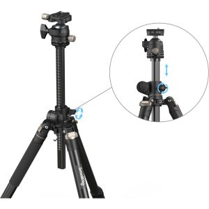 SmallRig 4288 Lateral Center Column Tripod CT200 is a black tripod with adjustable legs and a center column. The interior highlights the locking mechanism and illustrates the vertical movement of the column with blue arrows.