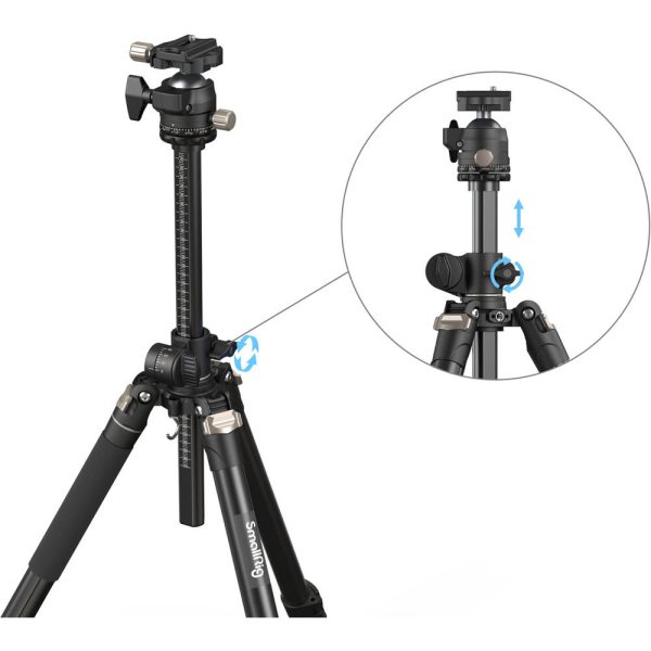 SmallRig 4288 Lateral Center Column Tripod CT200 is a black tripod with adjustable legs and a center column. The interior highlights the locking mechanism and illustrates the vertical movement of the column with blue arrows.