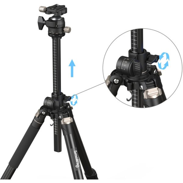 SmallRig 4288 Lateral Center Column Tripod CT200, black, is shown with the center column adjustable upwards. The inside photo highlights the threaded locking mechanism for raising or lowering the center column.