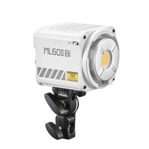 Godox ML60II BI LED Light The Bi-Color LED light is a compact, rectangular white studio light mounted on a black adjustable bracket, ideal for photography or video shooting.