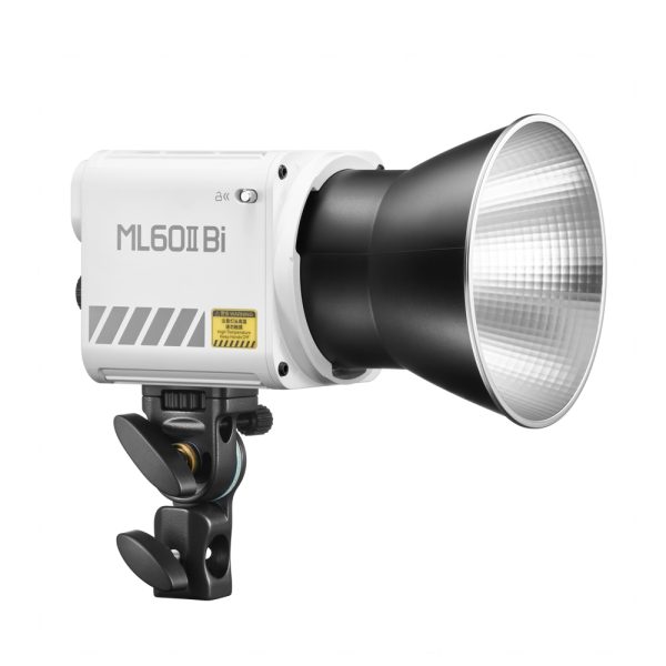 Godox ML60II BI LED light Bi-Color LED light is shown with a large silver reflector and mounting bracket on a plain white background.