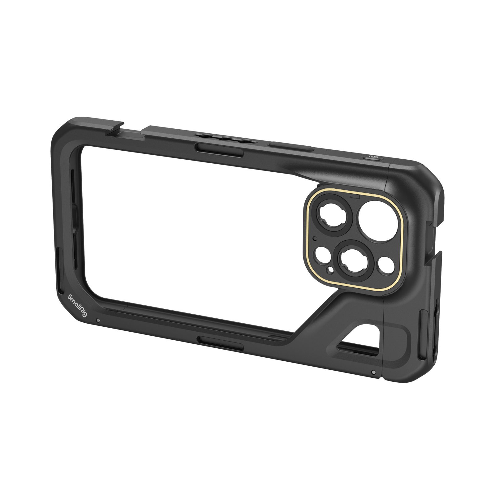 SmallRig 4391 Mobile Video Cage iPhone 15 Pro Max -puhelimelle on kestävä musta kotelo, jossa on vahvistetut kulmat, avoin etuosa, suojaavat reunat, suuri kameran aukko ja metallinen rengas kameran ympärillä.