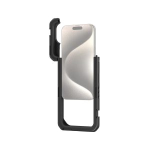 1704464446_439 SmallRig 4391 Mobile Video Cage iPhone 15 Pro Max -puhelimelle on musta, suorakulmainen kotelo, joka sulkee laitteen osittain sisäänsä ja jättää kaksi sivua auki, jolloin puhelimen heijastava näyttö paljastuu sisältä.