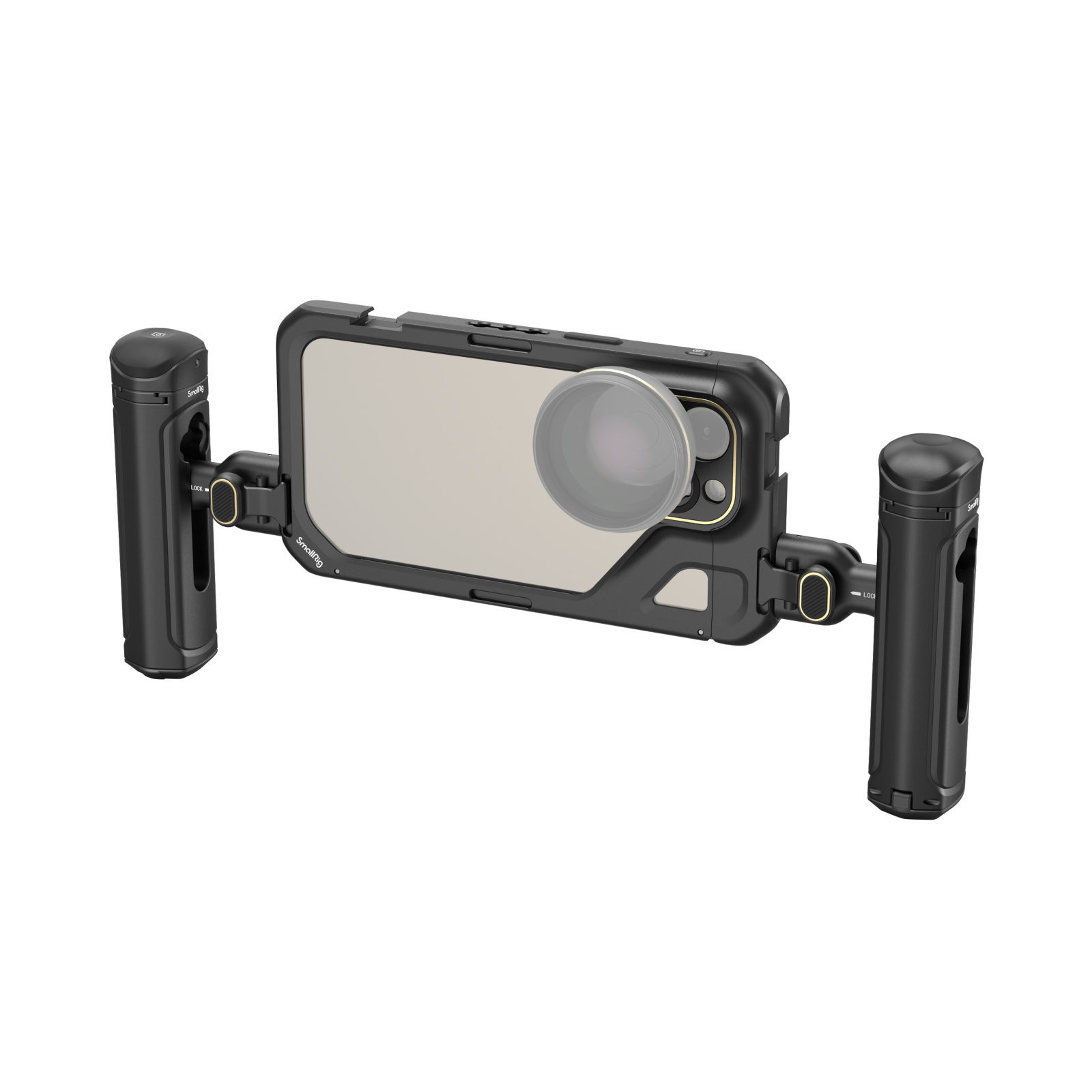 The SmallRig 4392 Mobile Video Kit (Dual Handheld) for iPhone 15 Pro Max includes a black protective case, a detachable camera lens and two ergonomic handhelds designed to enhance mobile and video photography.