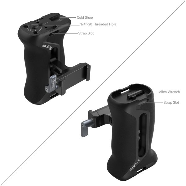 Kaksi näkymää SmallRig 4416 Arca Type -sivukahvasta näyttää sen kuvioidun otteen, kylmäkengän, 1/4"-20-kierrereiän, hihna-aukon, kuusiokoloavaimen pidikkeen ja useita kiinnityspisteitä lisävarusteille.