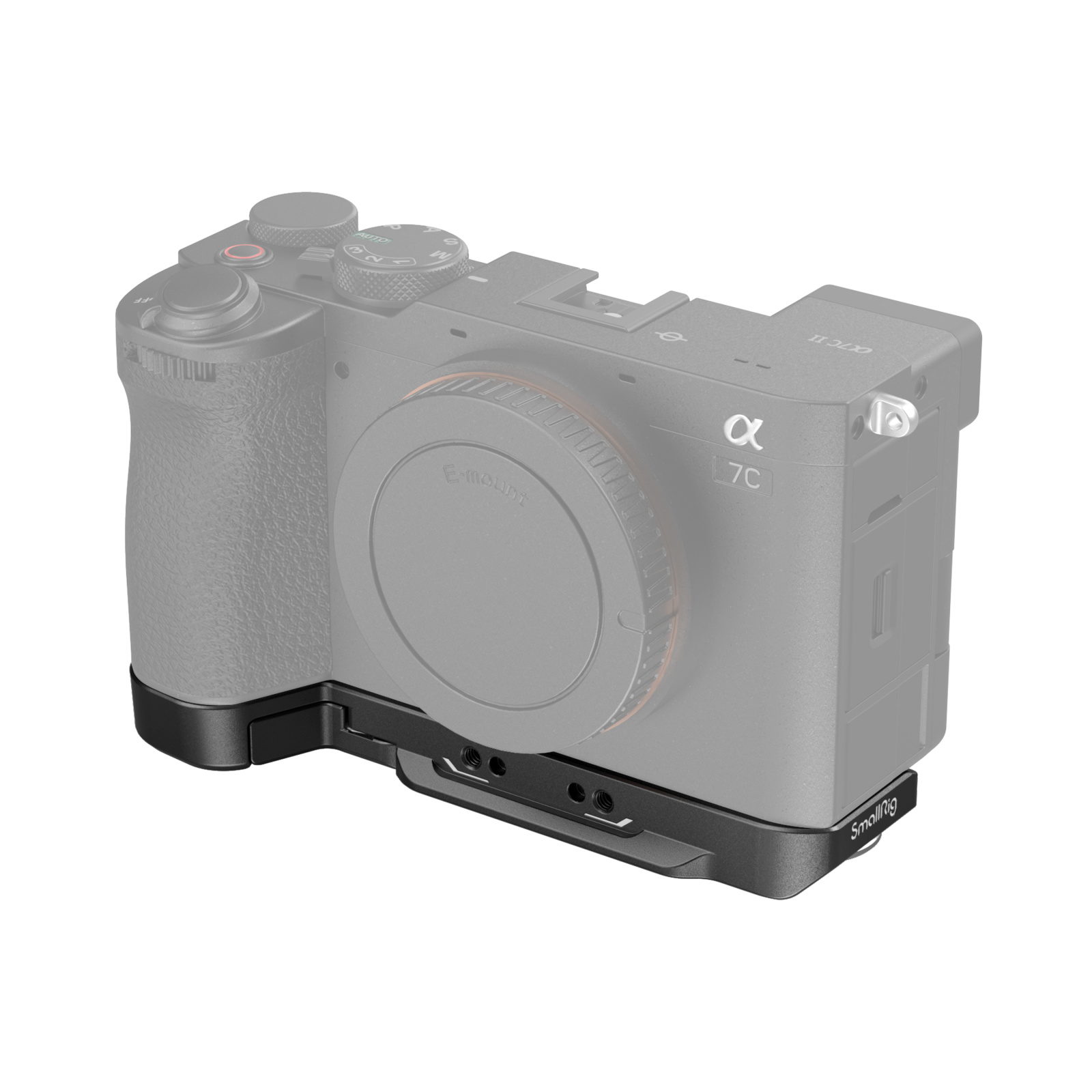 Mirrorless camera with SmallRig 4438 Bottom Mount Plate for Sony A7C II / A7CR (black) mounted underneath, in a semi-transparent image to highlight the plate and its multiple mounting holes.