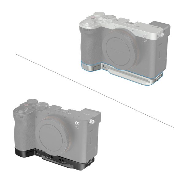 Kahdessa kuvassa peilittömästä kamerasta, jossa on puoliksi läpinäkyvä runko, näkyy SmallRig 4438 Bottom Mount Plate for Sony A7C II / A7CR (musta) kiinnitettynä jalustaan ja sivuun; toinen kiinnityslevy on vaaleanharmaa, toinen musta.