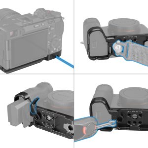 Neliruutuinen kuva SmallRig 4438 Bottom Mount Plate for Sony A7C II / A7CR (musta) -levystä, jossa näkyy hihnan kiinnitys, akkulokeron avaaminen, akun irrottaminen ja levyn kiinnittäminen työkalun avulla pohjaruuveilla.