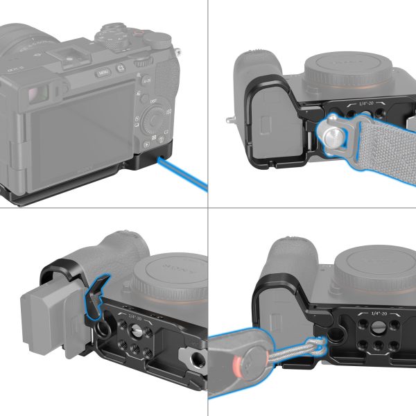 Neliruutuinen kuva SmallRig 4438 Bottom Mount Plate for Sony A7C II / A7CR (musta) -levystä, jossa näkyy hihnan kiinnitys, akkulokeron avaaminen, akun irrottaminen ja levyn kiinnittäminen työkalun avulla pohjaruuveilla.