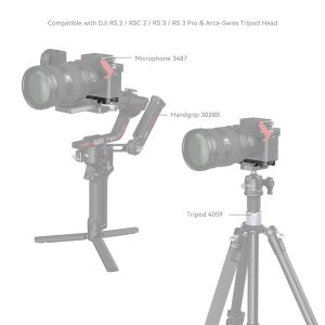 Kaaviossa näkyy SmallRig 4438 Bottom Mount Plate for Sony A7C II / A7CR (musta), mikrofoni 3487, käsikahva 3028B vakaajalla ja toinen kokoonpano jalustalla 4059. Yhteensopiva DJI RS -kardaanien ja Arca-Swissin kolmijalkaisten päiden kanssa.