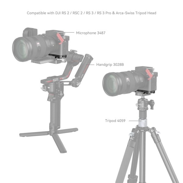Kaaviossa näkyy SmallRig 4438 Bottom Mount Plate for Sony A7C II / A7CR (musta), mikrofoni 3487, käsikahva 3028B vakaajalla ja toinen kokoonpano jalustalla 4059. Yhteensopiva DJI RS -kardaanien ja Arca-Swissin kolmijalkaisten päiden kanssa.