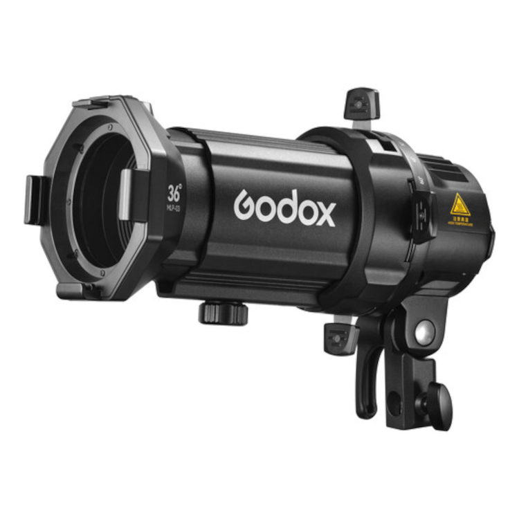 Godox Spotlight Attachment MLP36K ML30/ML60 LED-valoille on musta optinen snootti, jossa on kahdeksankulmainen etuosa, säätönupit ja kiinnitystarvikkeet studiovalaistukseen.
