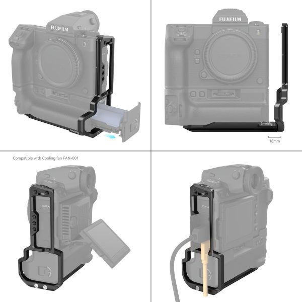 Neliruutuinen kuva näyttää SmallRig 4203 L-muotoisen kiinnityslevyn Fujifilm GFX100 II:lle, jossa on akkukahva. Paneeleissa korostuvat akun luukun käyttömahdollisuus, ohut profiili, nivelletyn näytön käyttö ja yhteensopivuus jäähdytystuulettimen kanssa.