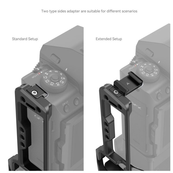 SmallRig 4203 L-muotoinen kiinnityslevy Fujifilm GFX100 II:lle akkukahvalla: "Standard Setup" (vasemmalla) ja "Extended Setup" (oikealla), jossa näkyy kaksi asentoa kameran yläosan lisävarustesovittimelle.