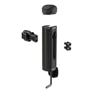 Musta SmallRig 4403 Quick Release Side Handle on esitetty purettuna viiteen osaan - runko, korkki, kiinnityspää ja kaksi pientä ruuvia - valkoisella pohjalla.