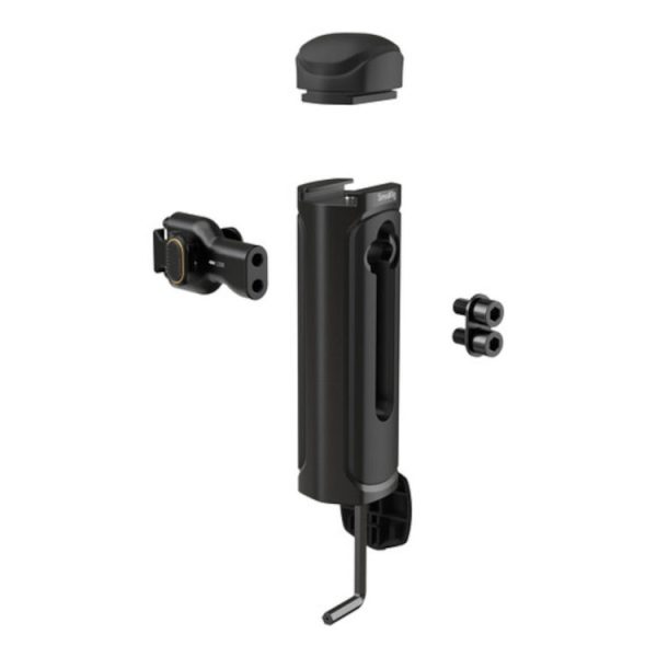 Musta SmallRig 4403 Quick Release Side Handle on esitetty purettuna viiteen osaan - runko, korkki, kiinnityspää ja kaksi pientä ruuvia - valkoisella pohjalla.