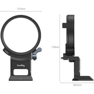 Edestä ja sivulta SmallRig 4424 Rotatable Mount Plate for Sony A7C II/A7CR, musta ja pyöreä kehys. Mitat: 72,5 mm leveä, 118 mm korkea, 58,3 mm syvä. Näkyvä painike ja säätövipu.