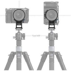 Kaavio, jossa kamera on asennettu pystysuoraan ja vaakasuoraan jalustalle, mikä havainnollistaa kohdistusta SmallRig 4424 Rotatable Horizontal-to-Vertical Mount Plate for Sony A7C II / A7 CR -levyn kanssa.