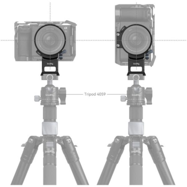Kaavio, jossa kamera on asennettu pystysuoraan ja vaakasuoraan jalustalle, mikä havainnollistaa kohdistusta SmallRig 4424 Rotatable Horizontal-to-Vertical Mount Plate for Sony A7C II / A7 CR -levyn kanssa.