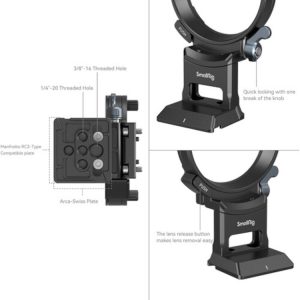 SmallRig 4424 Rotatable Horizontal-to-Vertical Mount Plate for Sony A7C II / A7 CR sisältää useita kierteitettyjä reikiä yhteensopivuutta varten, pikalukitusnupin, vapautuspainikkeen objektiivin helppoa irrottamista varten sekä merkittyjä ominaisuuksia ja levyjen yhteensopivuutta.
