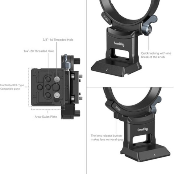 SmallRig 4424 Rotatable Horizontal-to-Vertical Mount Plate for Sony A7C II / A7 CR sisältää useita kierteitettyjä reikiä yhteensopivuutta varten, pikalukitusnupin, vapautuspainikkeen objektiivin helppoa irrottamista varten sekä merkittyjä ominaisuuksia ja levyjen yhteensopivuutta.