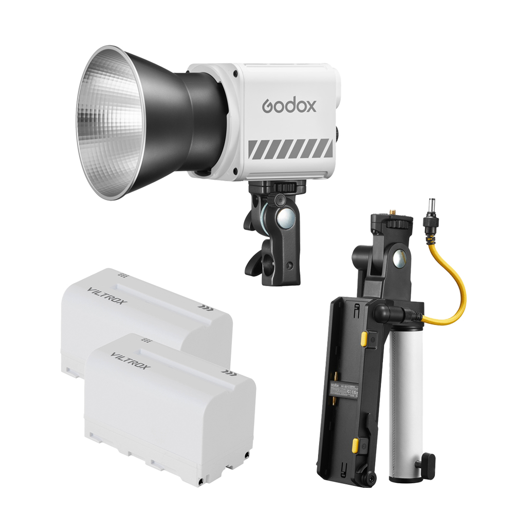 The Godox ML60II BI Battery Kit LED luminaire with reflector, two Viltrox batteries and battery handle with yellow cable is shown on a white background.