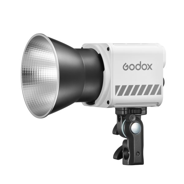 The Godox ML60II BI Battery Kit LED luminaire has a silver reflector and a white body mounted on a black adjustable bracket, shown against a white background.