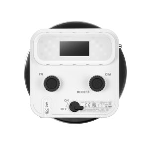 The Godox ML60II BI Battery Kit LED Light Battery Kit features a white top view design with display, FN and DIM controls, ON/OFF switch, MODE/Bluetooth button and DC 20V power indicator.