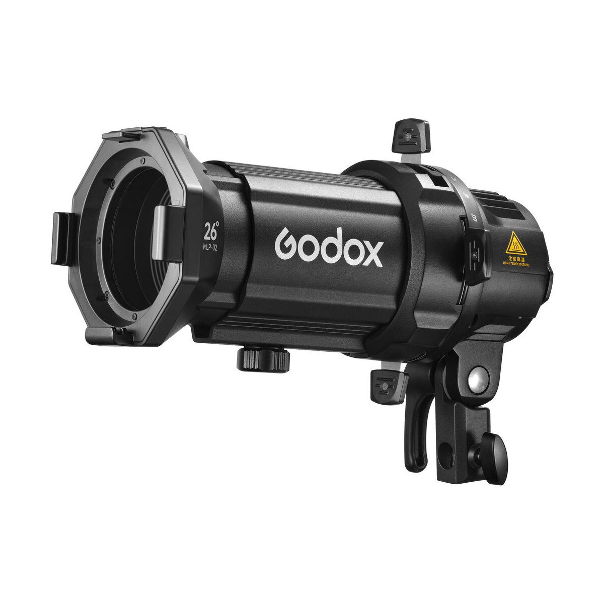 Godox Spotlight-liitäntä MLP26K ML30/ML60:lle on kuvattu mustana, ja siinä on kiinnitysteline, säätönupit ja keltainen varoitustarra valkoista taustaa vasten kuvattuna.
