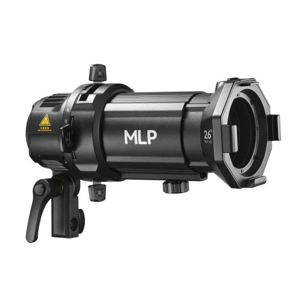Musta, lieriömäinen Godox Spotlight-liitäntä MLP26K ML30/ML60:lle, jossa on säätönupit ja kiinnike, kuvassa valkoista taustaa vasten.