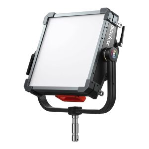Godox KNOWLED P300R RGB Hard Panel Light Kit on neliskulmainen LED-studiovalaisin, jossa on metallikehys, säädettävä jalusta, säätönuppi sivulla ja Godoxin tuotemerkki kehyksen reunassa.