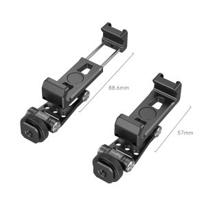 Kaksi SmallRig 4382 -metallipuhelinpidikettä, joissa on Cold Shoe -kiinnike, on kuvassa vierekkäin, toinen ulosvedettynä 88,6 mm:iin ja toinen sisäänvedettynä 57 mm:iin, molemmissa on merkityt mitat ja metalliset säätönupit.