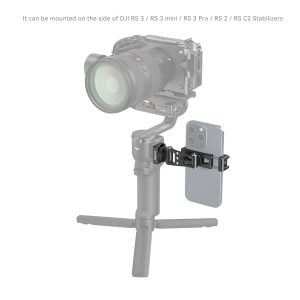 SmallRig 4301 Phone Holder kiinnittää älypuhelimesi DJI:n gimbaliin lisävarustekannattimen avulla. Se pitää kameran ja seisoo jalustalla, yhteensopiva DJI RS 3, RS 3 mini, RS 3 Pro, RS 2 ja RS C2 -vakauttajien kanssa.