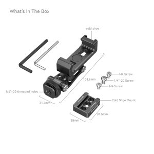 Merkityssä kaaviossa näkyy SmallRig 4301 Phone Holder for DJI Gimbals -laatikon sisältö: kaksi kuusiokoloavainta, kiinnityskannatin kylmäkengällä, ruuvit, kylmäkenkäkiinnike sekä kunkin komponentin mitat.