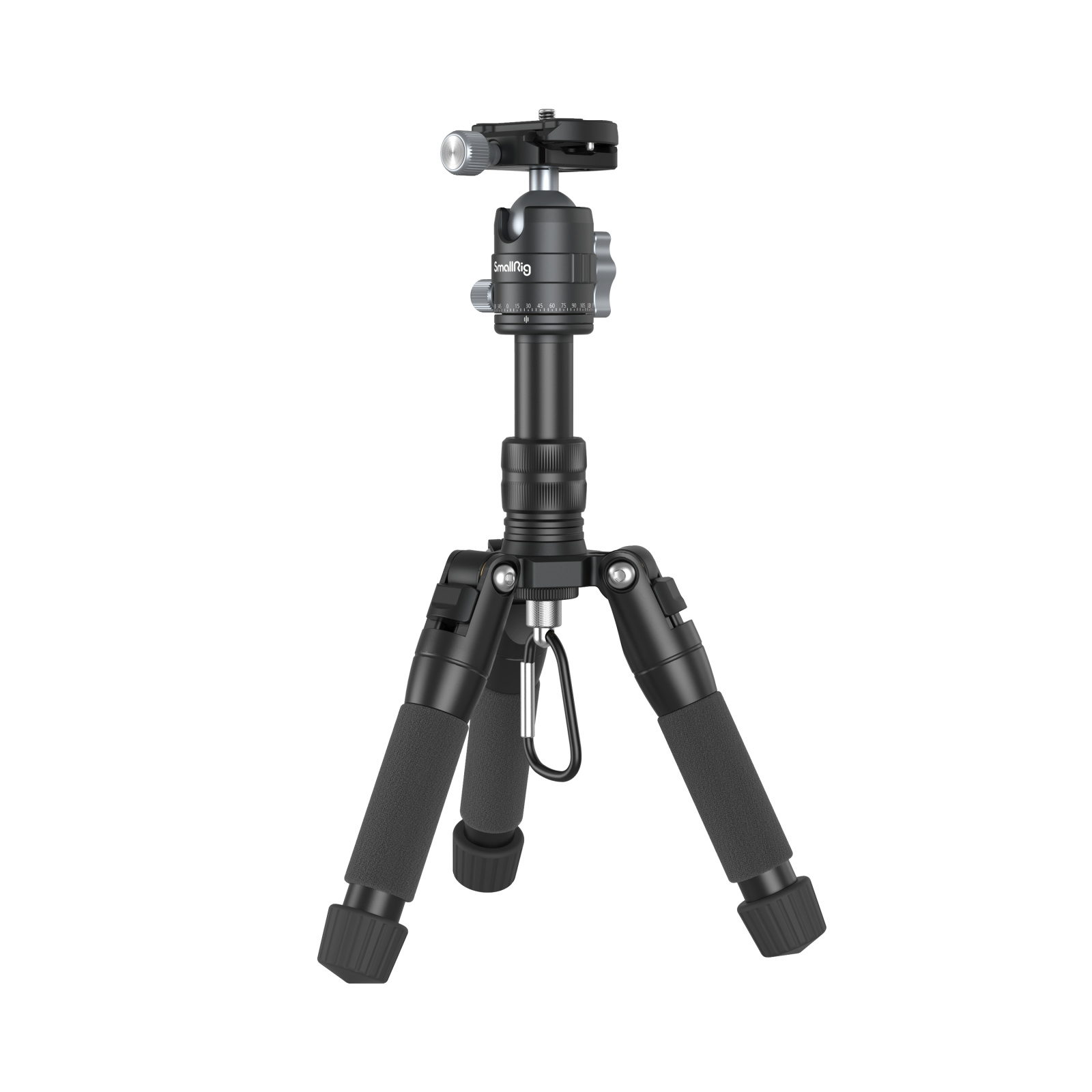 SmallRig 4289 Aluminum Mini Tripod VT 20 -kolmijalka on kompakti musta kolmella säädettävällä jalalla, pehmustetuilla kahvoilla ja kuulapääkiinnityksellä kameroille tai älypuhelimille varustettu kolmijalka, kuvassa valkoisella pohjalla.