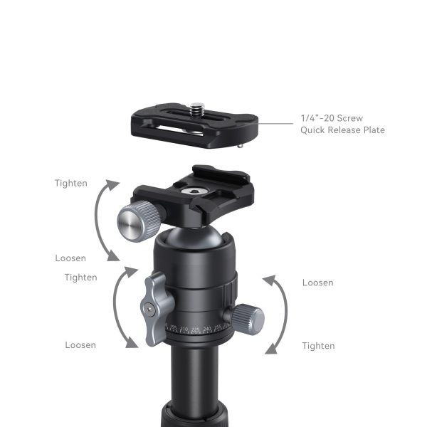 1706198831_525 Kaavio SmallRig 4289 Aluminum Mini Tripod VT 20 -kolmijalka -kuulapäästä, jossa on merkityt kiristys-/ löysäsäätimet sekä edellä esitetty irrotettava pikakiinnityslevy (1/4-20 ruuvi), jossa nuolet osoittavat säätösuunnat.