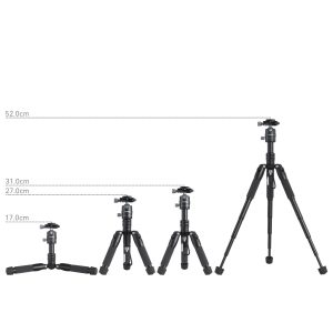 1706198834_485 Neljä SmallRig 4289 Aluminum Mini Tripod VT 20 -kolmijalka -yksikköä vasemmalta oikealle korkeuksilla 17,0 cm, 27,0 cm, 31,0 cm ja 52,0 cm, joista jokaisen korkeus on merkitty katkoviivalla.