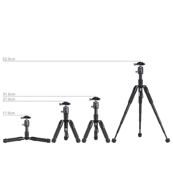 1706198834_485 Neljä SmallRig 4289 Aluminum Mini Tripod VT 20 -kolmijalka -yksikköä vasemmalta oikealle korkeuksilla 17,0 cm, 27,0 cm, 31,0 cm ja 52,0 cm, joista jokaisen korkeus on merkitty katkoviivalla.