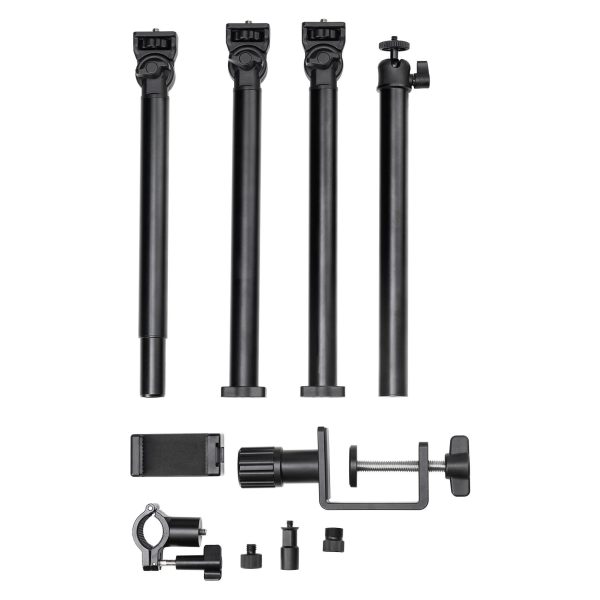 SmallRig 4456 Live Desktop Camera Bracket DT 50 -pakkaus, joka sisältää neljä mustaa metallitankoa, kiinnittimen, säädettävän puhelimen pidikkeen ja erilaisia kiinnitystarvikkeita, on siististi järjestetty valkoiselle taustalle.